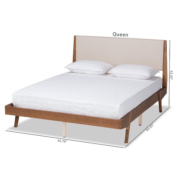 Senna Mid-Century Beige Fabric Upholstered And Walnut Brown Finished Wood Platform Bed-King